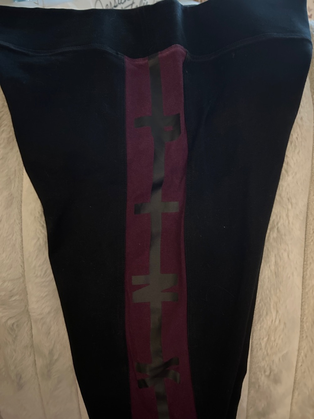 VS PINK Yoga Black Leggings with Burgundy Stripe and Black Logo Tape